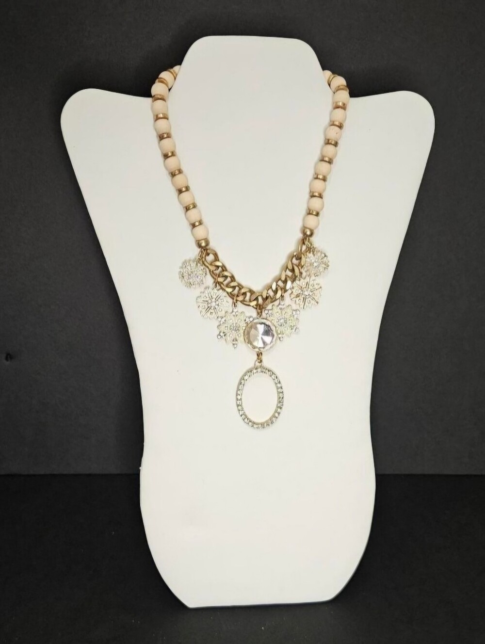 Gold color snowflake necklace with cream beads and rhinestone snowflake charms